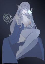 arm_under_breasts coat coat_only coomerracoon earrings elf_ears genshin_impact large_breasts long_eyelashes long_gloves long_hair looking_at_object naked_coat pale-skinned_female pale_skin silver_eyes silver_hair stockings thick_thighs thigh_high_stockings tiara tsaritsa_(genshin_impact)