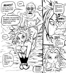 1boy 1girls angry bouncing_breasts caulifla doggy_style dragon_ball dragon_ball_super fellatio from_behind hand_on_another's_head kebab_(artist) master_roshi monochrome nosebleed penis precum rape restrained saiyan sex tears text tongue torn_clothes vaginal_penetration