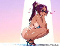 1girl 1girls ai_generated bleach bleach:_the_thousand-year_blood_war blush breasts breasts, brown_eyes bunilew camel_toe cameltoe cleavage clothed clothed_female curvy dark-skinned_female dark_skin female female_focus female_only focus fully_clothed large_breasts nipples nipples_covered nipples_visible_through_clothing purple_hair pussy sfw shihouin_yoruichi solo solo_female solo_focus tan_body tan_skin teeth tight_clothes tight_clothing uncensored yoruichi_shihouin
