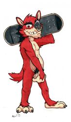 1boy 2015 anthro azul_(artist) balls blank_background canine decker_(go!_go!_hypergrind) facial_piercing gay go!_go!_hypergrind looking_at_viewer male male_only mammal nose_piercing nose_ring piercing simple_background skate skateboard skater slightly_chubby smile solo video_games white_background wolf yaoi