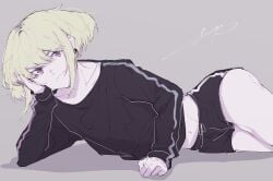 1boy 1femboy androgynous blonde_hair bob_cut clothed clothing curvy curvy_male femboy femboy_only feminine_faced_male feminine_male fully_clothed lio_fotia looking_at_viewer midriff minishorts partially_colored petite petite_body petite_male pov promare seductive_look short_hair short_male shorts slim slim_male slim_waist solo suggestive suggestive_look suggestive_pose thin_waist twink