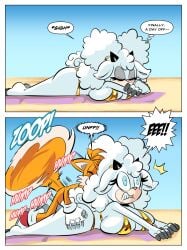 1boy 1girls anthro anthro_female anthro_on_anthro anthro_only anthrofied beach beach_background beach_towel comic comic_page female fur furry furry_female furry_only idw_publishing lanolin_the_sheep lying lying_on_stomach male male/female on_stomach orange_fur sega sonic_(series) sonic_the_hedgehog_(comics) sonic_the_hedgehog_(idw) sonic_the_hedgehog_(series) tails_the_fox wool_(fur)