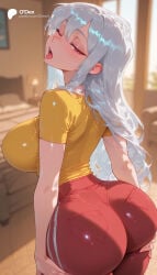 1girl 1girls absurd_res absurdres ai_generated ass ass_focus ass_grab ass_support bedroom big_ass big_breasts blurred_background blurry blurry_background blush breasts cartoon cartoony cowboy_shot depth_of_field female female_focus from_behind grabbing_own_ass grey_hair hair_between_eyes half-closed_eyes hands_on_own_ass hi_res high_quality high_resolution highres huge_ass indoors large_ass large_breasts long_hair looking_at_viewer looking_back odexai one_eye_closed open_mouth pants pantylines red_eyes red_pants red_shorts saliva selvaria_bles shirt short_sleeves shorts small_waist solo solo_focus straight sweat t-shirt thick_thighs thighs thin_waist tight_clothes tongue tongue_out valkyria_chronicles white_hair wide_hips window yellow_shirt