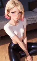 ai_generated blonde_hair blue_eyes casual crop_top fashion gwen_stacy leggings looking_at_viewer mature_female paid_reward_available patreon petite sebassart sexy short_hair sitting solo tight_clothing tight_fit