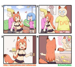 4koma animal_humanoid bed blonde_hair blue_hair blush breasts canine cheating closed_eyes comedy comic daughter eyewear facial_hair father female fox fox_humanoid funny glasses greenteaneko hair humanoid humor lemonade male mammal middle_finger mongirl_4koma moustache netorare one_eye_closed orange_hair parent sex tears wink yaoi