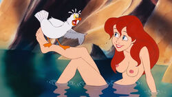 ariel blue_eyes breasts disney disney_princess edit female human legs lipstick long_hair nipples nude red_hair screenshot screenshot_edit scuttle seagull smile teeth the_little_mermaid water