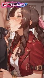 1boy 1girl 2026 aerith_gainsborough ai_generated artist_name belt blowjob blowjob_face boobs breasts brown_hair bust chest cock cum cum_in_mouth dick fellatio final_fantasy green_eyes hetero hi_res high_quality highres licking long_hair oral oral_sex patreon patreon_username penis pinkname sucking tits watermark
