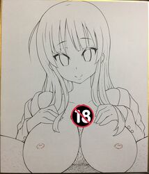 1boy artist_request blush breasts censored female himeya human human_only k-on! large_breasts long_hair masturbation mio_akiyama_(k-on!) monochrome nipples no_bra paizuri penis photo_(medium) smile straight traditional_media