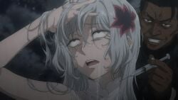 attitude_adjustment captured cocky damsel_in_distress drool drooling dungeon_ni_deai_wo_motomeru_no_wa_machigatteiru_darou_ka female_focus female_human freya_(danmachi) goddess injection kidnapped male male_focus rolling_eyes