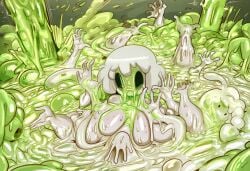 1girls ai_generated drowning extra_arms melting merging slime slime_girl tentacles toxic_waste transformation white_slime