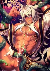 1boy abs angry animal_ears blonde_hair bondage censored crescentia cum dark_skin erection groping lips male_only mosaic_censoring nipples nude penis rape sethos_(deathblight) tentacle testicles wolf_ears wolf_tail