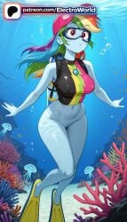 1girl 1girls 2026 ai_generated air_bubble artist_name blue_skin bubble colored_skin coral electroworld fish fish_girl green_hair green_skin grey_skin hi_res high_quality high_resolution highres long_hair monster_girl my_little_pony navel patreon patreon_username rainbow_dash_(mlp) solo stable_diffusion swimming underwater watermark