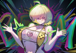 curvy elegg_(boom_and_shock)_(nikke) elegg_(nikke) eyes_visible_through_hair goddess_of_victory:_nikke grin hair_over_eyes huge_breasts shrug smile upper_body
