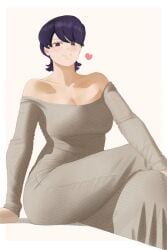 1girls ahsern19552 alternate_version_available big_breasts blush breasts brown_eyes cleavage clothing crossed_legs dress female female_only front_view hair heart hips komi-san_wa_komyushou_desu komi_shuuko legs_crossed long_dress looking_back mature mature_female mature_woman milf mother purple_hair short_hair smile solo solo_female thick_thighs thighs white_dress wide_hips