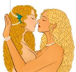 against_wall blonde_hair bust cousin cousin_and_cousin cousins female_only fin_ears greek_mythology helen_of_troy incest lesbian long_hair nude nude_female nudity pearls penelope penelope_(mythology) pinning sensual suggestive the_epic_cycle wavy_hair yuri