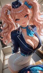 1girl 1girls ai_generated alternate_breast_size alternate_breast_size_(larger) alternate_costume arms_behind_back bangs belt black_belt black_bra blonde_hair blue_bow blue_eyes blush bow bra breasts choker cleavage collarbone collared_shirt commission commission_art commissions_open corruption danganronpa danganronpa:_trigger_happy_havoc danganronpa_(series) earrings enoshima_junko hair_bow hair_ornament hat highres image image_sample image_set indoors jacket jewelry junko_enoshima lace-trimmed_bra lace_trim large_breasts long_hair long_sleeves looking_at_viewer more_at_source parted_lips patreon pencil_skirt pink_hair pixiv pixiv_commission pixiv_link pixiv_sample provocative revealing_clothes self_upload shiny shiny_hair shirt skirt smile solo stewardess stewardess_uniform teeth tgv9173 thighhighs twintails underwear white_skirt window