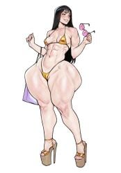 1girls abs bag bikini black_hair bottom_heavy cameltoe female gold_bikini long_hair muscular muscular_female platform_heels small_breasts string_bikini sunglasses thick_thighs wide_hips