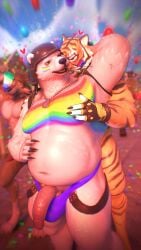 3d_(artwork) 4k 9:16 absurd_res anthro armor bear belly big_belly bisexual_pride_colors bodypaint canid canine canis clothing digital_media_(artwork) dog_tags dollymolly323 duo epic_games felid fortnite genitals group hand_on_moob headgear helmet hi_res kissing_from_behind lgbt_pride lgbt_pride_month love male male/male mammal moobs musclegut muscular nude oscar_(fortnite) overweight overweight_male pantherine penis polar_bear polar_patroller pride_colors pride_parade purple_clothing purple_thong purple_underwear rainbow_bodypaint size_difference straps thong tiger trio underwear ursine vincian_pride_colors wendell_(fortnite) wolf