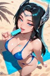 1girls ai_generated beach bikini black_hair blue_eyes breasts breasts_focus cleavage from_above headgear heavenly_art irelia_xan large_breasts league_of_legends licking long_hair popsicle riot_games solo tiara