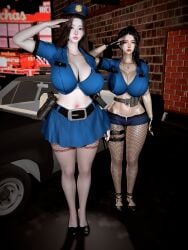 2girls 3d big_breasts black_hair cleavage fishnet_legwear fishnets fyronyxxx holster married_woman original original_characters police police_hat policewoman salute thighs