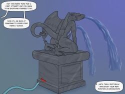 4:3 absurd_res anal anal_penetration anthro astral_kobold claws crouching_over_dildo dialogue digital_media_(artwork) english_text feet fountain gargoyle genitals glistening glistening_body hi_res horn inanimate_transformation male nude nude_anthro nude_male object_in_ass object_insertion offscreen_character pedestal penetration penis petrification sculpture simple_background solo speech_bubble statue statuefication tail talons text toes transformation water water_from_mouth wings
