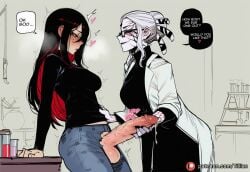 2girls ai_generated black_hair breasts cum denim english_text erection futa_with_female futanari glasses handjob jeans lab_coat large_penis long_hair multiple_girls pants penis red_hair rwby salem_(rwby) testicles tillian