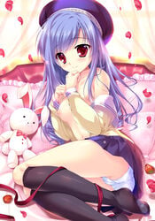 aria_(sister_princess) ass bed black_legwear blush breasts cameltoe female food frilled_pillow frills fruit hat kneehighs long_hair looking_at_viewer lying mikeou nipples no_bra no_shoes off_shoulder on_bed on_side open_clothes open_shirt panties petals pillow pleated_skirt purple_hair red_eyes ribbon shirt sister_princess skirt small_breasts smile solo strawberry stuffed_toy underwear white_panties