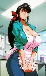 1girl 1girls ai_generated apron big_breasts black_hair blue_hoodie gigantic_breasts gloves green_eyes hood jeans mega_man pale_skin ponytail red_ribbon ribbon rockman roll_(mega_man) smile smile_at_viewer smiling smiling_at_viewer tied_hair tied_shirt unzipped_hoodie white_apron white_skin wide_hips