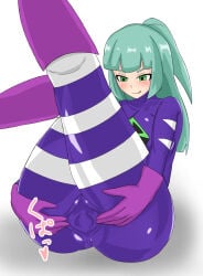 1girl 1girls anus blush bodysuit emblem_on_clothes fossil_fighters giraffe_(artist) gloves green_eyes japanese_text ponytail purple_clothing purple_gloves pussy skin_tight spread_pussy spreading_labia spreading_own_pussy thick_thighs thighs tongue tongue_out turquoise_hair vagina villainess vivian_(fossil_fighters) white_background