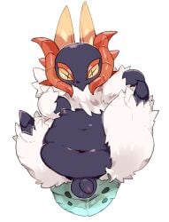 2023 ancient_pokemon arthropod_abdomen balls blue_body cross_pupils digital_drawing_(artwork) digital_media_(artwork) feral flaccid foreskin front_view fur generation_9_pokemon genitals horn humanoid_genitalia humanoid_penis legs_up looking_at_viewer male male_feral monotone_body monotone_fur navel nintendo nipples ookm paradox_pokemon penis pokemon pokemon_(species) red_horn semi-anthro shaded simple_background slightly_chubby slightly_chubby_male slither_wing soft_shading solo unretracted_foreskin white_background white_body white_fur yellow_eyes