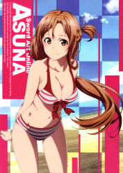 10s 1girls absurd_res artist_request asuna_(sao) beach bikini braid breasts brown_eyes brown_hair character_name cleavage cloud copyright_name female_focus half_up_braid highres long_hair navel ocean official_art ponytail sand sky solo striped_bikini striped_clothes swimsuit sword_art_online water