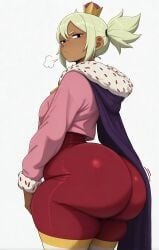 1girl 1girls ai_generated ass ass_focus back_view big_ass big_ass_(female) black_eyes bodysuit brawl_stars cape crown dark-skinned_female dark_skin female female_focus female_only hoodie looking_at_viewer mandy_(brawl_stars) mrnails solo solo_female thick_thighs thighhighs twintails white_background