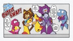 2026 2boys 2girls accidental_exposure anthro blush boots breasts brown_hair covering covering_breasts cyclops embarrassed english_text euf-dreamer fangs feline flappers_(gameoverse) furry gameoverse gloves gobbles_(gameoverse) goggles goggles_on_head kit_(gameoverse) malice_(gameoverse) navel necktie nipples open_mouth outfit_swap panties purple_hair purple_panties robot robot_girl sharp_teeth standing striped_panties tagme text wavy_mouth white_panties yellow_sclera