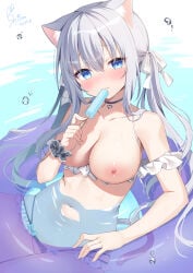 1girl bikini bikini_aside bikini_bottom bikini_bottom_aside bikini_top blush breasts cameltoe cat_ears cat_tail catgirl clothed collar frilled_bikini frills gray_hair hair_ribbon highres in_water large_breasts long_hair long_sleeves lying lying_on_back nekomimi nipples open_bikini open_bikini_top open_bra original popsicle popsicle_in_mouth pussy shiono_(0303) straight_hair sweater swim_ring tied_hair twintails uncensored water
