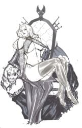 1girls big_breasts breasts female female_focus goblin_queen_(x-men) madelyne_pryor marvel nipples nipples_visible_through_clothing sitting solo_focus thighhighs throne underboob x-men
