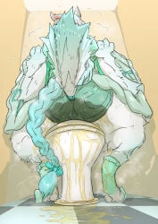 absurd_res accessory accident animatronic anthro apron beak blush blush_lines bodily_fluids clothed clothing desperation digital_media_(artwork) dragonewt embarrassed female fur genital_fluids hair hair_over_eyes hi_res kemono machine mttbsmn omorashi open_mouth pawpads peeing ribbons robot simple_background solo toilet toilet_use urine wetting white_body white_fur