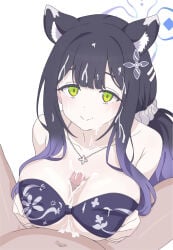 1boy 1girls animal_ear_fluff animal_ears bare_shoulders bikini black_bikini black_hair blue_archive blue_halo blush breasts censored closed_mouth clothed_female_nude_male cum cum_on_body cum_on_hair facial green_eyes hair_ornament hair_scrunchie halo highres large_breasts mosaic_censoring nude official_alternate_costume official_alternate_hairstyle paizuri paizuri_under_clothes penis portrait pov scrunchie shun_(blue_archive) shuriken_hair_ornament smile solo_focus strapless strapless_bikini swimsuit syabadabado white_scrunchie