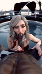 007_first_light 1boy 1girls 3d black_hair blowjob blowjob_face dark-skinned_male dark_skin fellatio interracial leeterr light-skinned_female light_skin oral oral_sex penis pool sucking sucking_penis veiny_penis