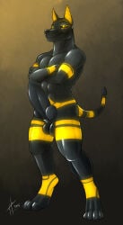 2016 abs absurd_res animal_genitalia animal_penis anthro anubian_jackal anubis balls big_penis black_balls black_body black_claws black_ears black_nose black_penis black_sclera black_sheath black_tail canid canine canine_genitalia canine_penis canis claws crossed_arms dated deity egyptian_mythology facial_markings front_view full-length_portrait genitals head_markings hi_res hufnaar huge_penis jackal knot looking_at_viewer male male_anthro mammal markings middle_eastern_mythology mouth_closed muscular muscular_anthro muscular_male mythology nude pecs penis portrait retracted_sheath sheath signature simple_background solo standing tail toe_claws yellow_eyes yellow_inner_ear yellow_markings yellow_tail