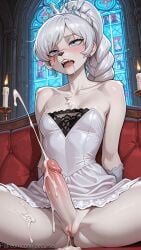 2girls ai_generated animal_ears black_choker blush breasts brown_hair choker collar crossover cum decurse freckles furry furry_female furry_with_furry futa_with_female futanari green_eyes hair_between_eyes indoors lingerie medium_breasts multiple_girls nightgown nipples open_mouth purple_hair rwby see-through sex sex_from_behind short_hair tail tongue tongue_out trembling weiss_schnee yuri