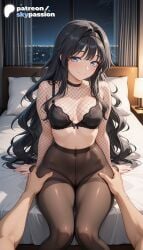 1boy 1girls 2026 ai_assisted ai_generated anime artist_name bed bed_sheet boobs breasts bust explicit fishnet_bodysuit fishnet_gloves fishnet_legwear fishnets hi_res high_quality high_resolution highres kaoru_hana_wa_rin_to_saku kaoruko_waguri long_hair looking_at_viewer night night_sky on_bed pantyhose patreon patreon_username pillow pov skypassion smile solo_focus stable_diffusion tits waguri_kaoruko watermark