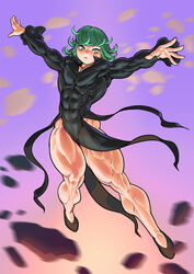 1girls abs black_hair dress extreme_muscles female female_only green_eyes green_hair jed_dougherty muscles muscular muscular_female one-punch_man pecs pokkuti solo tatsumaki thick_thighs thighs