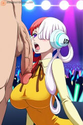 1girl cidrex headphones long_hair one_piece penis pink_hair red_eyes singer two-tone_hair uta_(one_piece) white_hair
