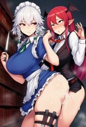 ai_generated big_breasts big_dom_small_sub dominant_female eye_roll femdom futa_on_female futanari izayoi_sakuya koakuma looking_pleasured sakuya_izayoi self_upload serious sex_from_behind standing_sex submissive_futa surrendering thick_thighs threatening tie_pull touhou