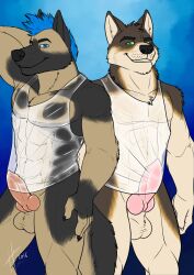 2016 abs anatomically_correct anatomically_correct_genitalia anatomically_correct_penis animal_genitalia animal_penis anthro balls big_penis biped black_body black_fur black_nose blue_hair bottomless canid canine canine_genitalia canine_penis canis closed_smile clothed clothing dated domestic_dog duo erection front_view fur genitals german_shepherd glistening glistening_eyes green_eyes grin hair hand_behind_head head_tuft herding_dog hi_res hufnaar knot knotted_penis looking_at_viewer male male_anthro mammal mouth_closed muscular muscular_anthro muscular_male pastoral_dog pecs penis pink_penis simple_background smile standing tan_balls tan_body tan_fur translucent translucent_clothing translucent_topwear tuft