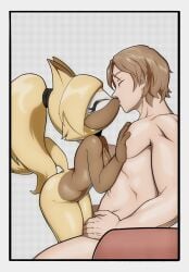 arts_eidolon blonde_hair brown_body eyes_closed human human_on_anthro idw_comics idw_publishing kissing naked naked_female naked_male passionate sega self_insert sonic_(series) sonic_the_hedgehog_(series) thighs whisper_the_wolf whispo white_background