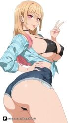 1girl ai_generated artist_name ass bangs bikini bikini_top_only black_bikini black_choker blonde_hair breasts choker covered_nipples denim denim_shorts ear_piercing earrings gradient_hair gyaru hand_on_hip jewelry kitagawa_marin large_breasts long_hair looking_at_viewer marin_kitagawa multicolored_hair my_dress_up_darling patreon piercing pink_hair pink_nails plaid plaid_shirt questionable red_eyes ring senpai_pixels sensitive shirt short_shorts shorts simple_background solo sono_bisque_doll_wa_koi_wo_suru swimsuit thighs tied_shirt tongue tongue_out twisted_torso underboob underbutt v white_background