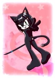 accessory barefoot black_body black_fur black_hair bow_tie breasts butt domestic_cat fan_character feet felid feline felis female fur green_eyes hair hair_accessory inner_ear_fluff mammal melee_weapon nude pink_background simple_background small_breasts solo sword thick_thighs tuft weapon xxkenthewolfxx