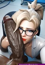 1boy 1girls absurdly_large_cock ai_generated angela_ziegler azataai big_breasts blizzard_entertainment blonde_female blonde_hair cheating_female cheating_wife chocolate_and_vanilla dark-skinned_male dark_penis dr._ziegler fumes handjob imminent_oral kneeling kneeling_oral_position mercy netorare ntr overwatch overwatch_2 pale-skinned_female smile steaming