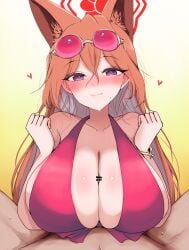 1boy 1girls animal_ear_fluff animal_ears bar_censor bare_shoulders bikini blue_archive blush braid_over_shoulder breasts breasts_squeezed_together censored closed_mouth clothed_female_nude_male collarbone crossed_bangs eyewear_on_head fox_ears fox_girl gradient_background hair_between_eyes halo halterneck han_(jackpot) handsfree_breast_squeeze heart highres huge_breasts long_hair looking_at_viewer nose_blush nude official_alternate_costume paizuri paizuri_under_clothes penis pov pov_crotch purple_eyes red-framed_eyewear red-tinted_eyewear red_bikini red_halo rumi_(blue_archive) smile solo_focus sunglasses sweat swimsuit tinted_eyewear very_long_hair yellow_background